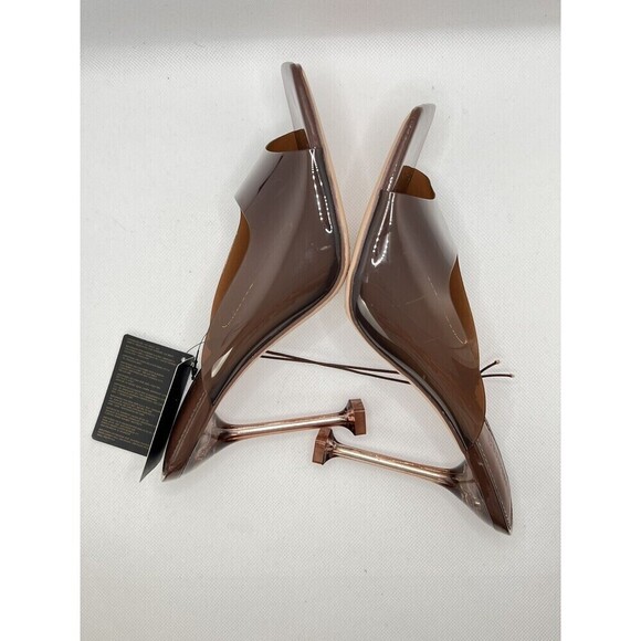 Brown Vinyl Spool Heeled Open Square Toe Slides 8 Transparent Mules x Forever21 - Picture 4 of 15